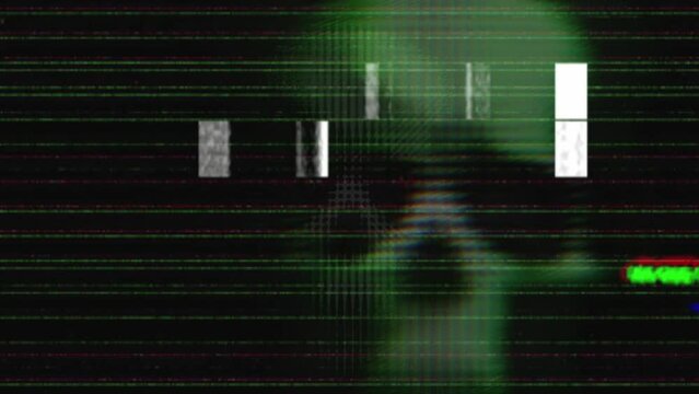 Television display with black background and green human skull. Glitch and static effects and scary motion