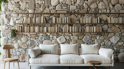copy space, stockphoto, White sofa against stone wall with wooden book shelves, design of modern living room. Modern interior design, new interior trends. Luxury living room.