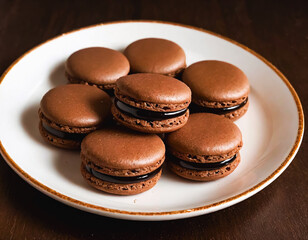Delicious chocolate macaroons in a porcelain dish on a wooden base