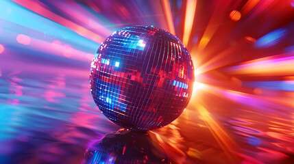 Dazzling Disco Ball Refracting Radiant Beams of Light Amidst Blurred Vibrant Neon-Hued Party Atmosphere