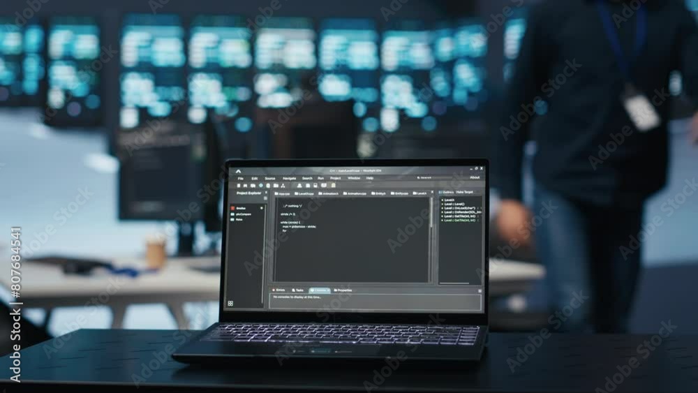 Poster focus on script running on laptop in server room with man in blurry background safeguarding data fro