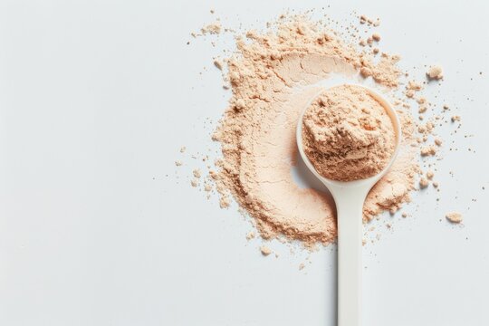 Plastic spoon filled with plant-derived keto protein powder on an isolated background. Space to copy additional text or design elements