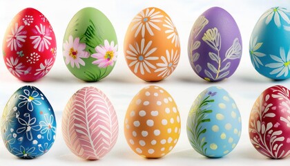 Collection of colourful hand painted decorated easter eggs on white background 