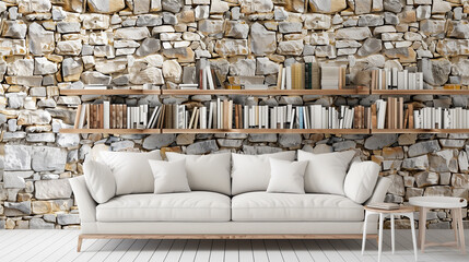 copy space, stockphoto, White sofa against stone wall with wooden book shelves, design of modern living room. Modern interior design, new interior trends. Luxury living room.