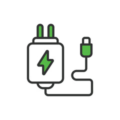 Adaptor, in line design, green. Adapter, Plug, Socket, Connector, Power, Electricity, Device on white background vector. Adaptor editable stroke icon.