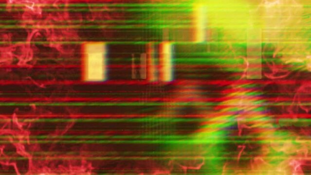 Television display with human skull and light effects, glitches, static, chromatic aberration and fire and smoke particles
