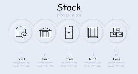 Stock set icon. Reserve, margin, supplies, store, boxes, depot, barrel, oil, mail, port, shelves with warehouses, asterisk, plus, storage, port, infographic, neomorphism. Stockroom concept.