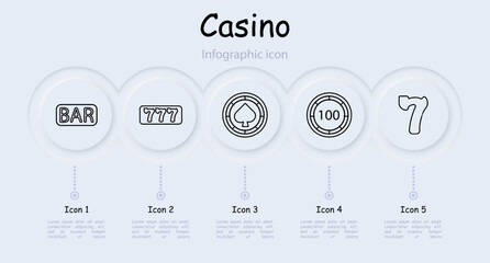 Casino set icon. Coin, chip, bet, card suits, dice, spades, diamonds, dibs, 777, cards, win, stake, risks, excitement, ardor, infographic, neomorphism, doubling, bar, shuffling. Gambling concept.
