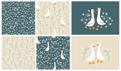 Goose vector seamless pattern collection. Cute cartoon characters between blooming meadow flowers in simple hand-drawn style. The limited vintage palette is perfect for baby prints © Svitlana Kharchuk