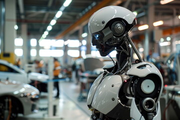 Robot human replacing jobs AI artificial intelligence humanoid, working at automobile factory