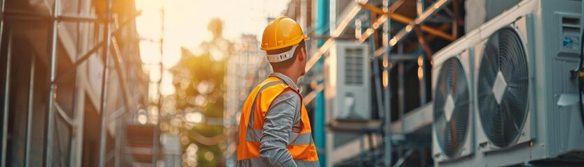 A construction worker wearing a hard hat and safety vest is standing on a building site, looking at the progress of the work.