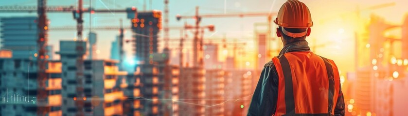 A construction worker wearing a hard hat and safety vest stands on a building site, looking out at the city skyline.