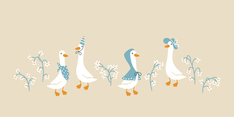 Goose vector collection. Cute cartoon characters between blooming meadow flowers in funny clothes in simple hand-drawn style. The limited vintage palette is perfect for baby prints © Світлана Харчук