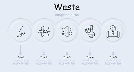 Waste set icon. Air conditioner, air freshener, harmful fumes, wind, dust, air filtration, blower pipe, fan, infographic, gas, skull, poison, infographic, circulation. Atmosphere concept.