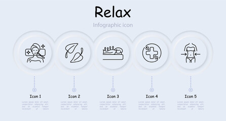 Relax set icon. Acupuncture, facial massage, cream, oils, healthy and strong hair, cross, petals, infographic, towel, weight loss, neomorphism, traditional medicine. Sauna concept.
