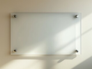 A frosted glass sign mounted on a beige wall with metallic standoffs, ready for branding.