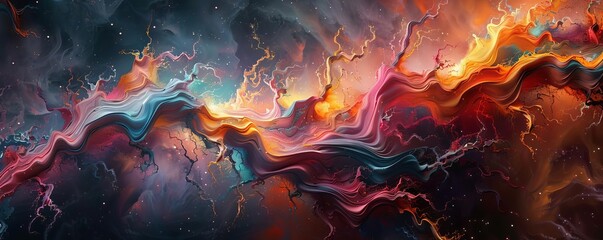 An abstract painting that looks like a colorful nebula. The colors are vibrant and the shapes are fluid. The painting has a sense of movement and energy.