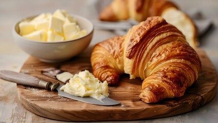 Croissant and butter on wooden board. Concept Food Photography, Breakfast Delight, Buttered Croissant, Wooden Board Display