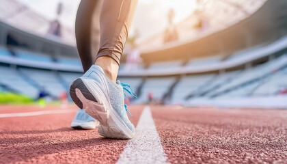 Close-up of athlete's feet standing on running track