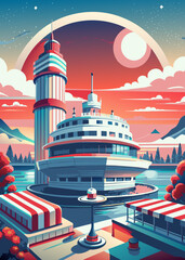 A vibrant, stylized illustration depicts a tranquil retro island scene with palm trees on a beach, a calm turquoise sea, and a distant mountain under a bright blue sky, all rendered in a clean,