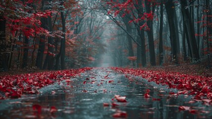 Late autumn's embrace: A rain-drenched road lined with vibrant red foliage under a canopy of fiery trees
