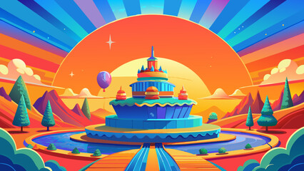 A vibrant, stylized illustration depicts a tranquil retro island scene with palm trees on a beach, a calm turquoise sea, and a distant mountain under a bright blue sky, all rendered in a clean,