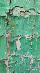 This image showcases a fragmented green paint texture, where the vividness of the color contrasts with the brittleness of the peeling surface. The fragmentation suggests a story of decline and rebirth