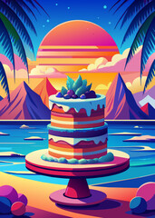 A vibrant, stylized illustration depicts a tranquil retro island scene with palm trees on a beach, a calm turquoise sea, and a distant mountain under a bright blue sky, all rendered in a clean,