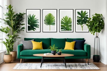 A vibrant and modern living room scene showcases three poster frames hanging on a white wall, featuring a lush green couch, a wooden pot with a vibrant plant, and a sleek floor lamp.