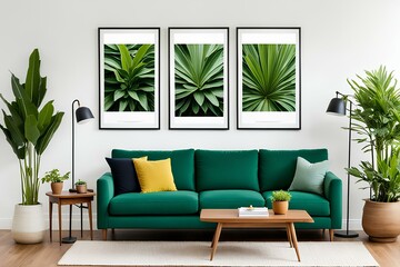 A vibrant and modern living room scene showcases three poster frames hanging on a white wall, featuring a lush green couch, a wooden pot with a vibrant plant, and a sleek floor lamp.