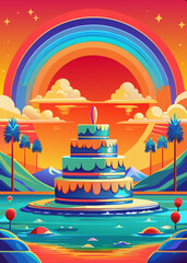 A vibrant, stylized illustration depicts a tranquil retro island scene with palm trees on a beach, a calm turquoise sea, and a distant mountain under a bright blue sky, all rendered in a clean,