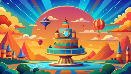 Fototapeta premium A vibrant, stylized illustration depicts a tranquil retro island scene with palm trees on a beach, a calm turquoise sea, and a distant mountain under a bright blue sky, all rendered in a clean,