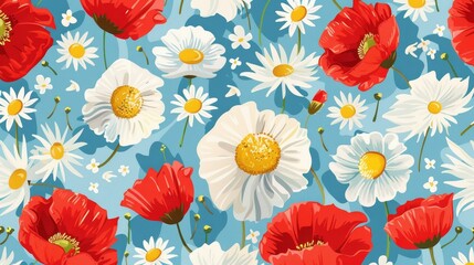 It can be used on packaging or on the packaging itself. Modern illustration with chamomile and poppies flowers.