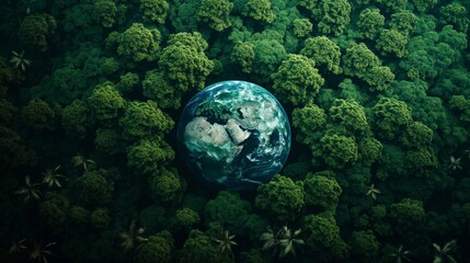 Earth amidst lush green forest canopy signifying environmental conservation efforts.