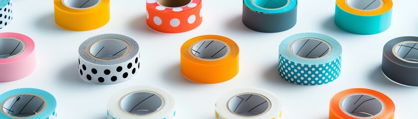 Colorful rolls of washi tape in various patterns and colors.