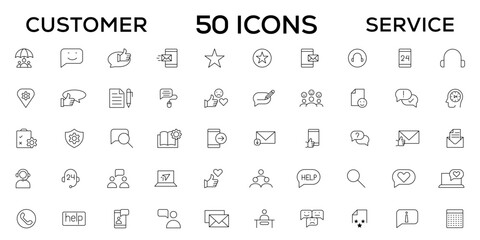 Customer service icon set. Containing customer satisfied, assistance, experience, feedback, operator and technical support icons. Thin outline icons pack.