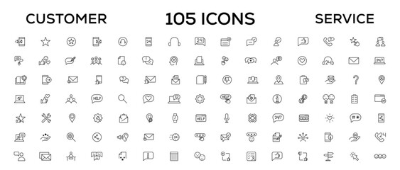 Customer service icon set. Containing customer satisfied, assistance, experience, feedback, operator and technical support icons. Thin outline icons pack.