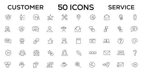 Customer service icon set. Containing customer satisfied, assistance, experience, feedback, operator and technical support icons. Thin outline icons pack.