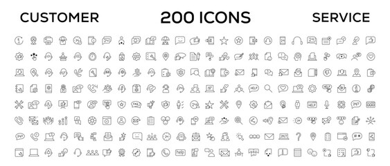 Customer service icon set. Containing customer satisfied, assistance, experience, feedback, operator and technical support icons. Thin outline icons pack.