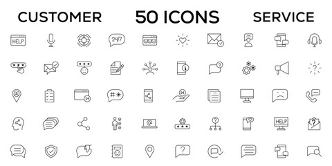 Customer service icon set. Containing customer satisfied, assistance, experience, feedback, operator and technical support icons. Thin outline icons pack.