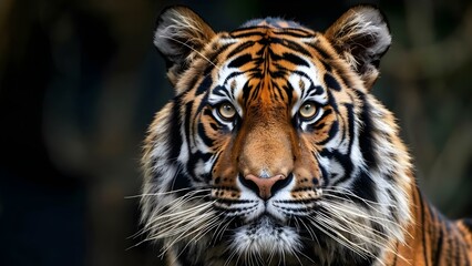 Naklejka premium Vibrant Tiger Head Closeup with Wide Eyes for Wallpaper Design. Concept Animal Photography, Wildlife Portraits, Close-Up Shots, Wallpaper Designs
