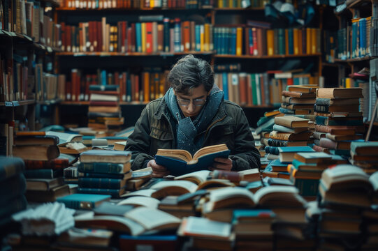 Focused reader at a library table, engrossed in a novel with blurred stacks of books in the background. AI generated.