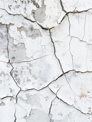 The stark white wall displays a web of crackled paint, showcasing the beauty of age and natural decay. The texture speaks to the enduring character of surfaces over time.