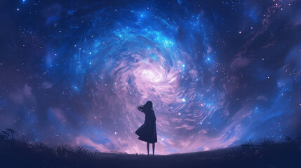 A woman stands in front of a spiral galaxy