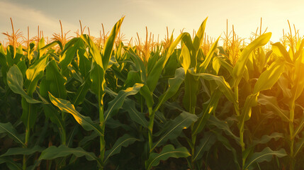 A field of corn is in full bloom, with the sun shining brightly on the leaves