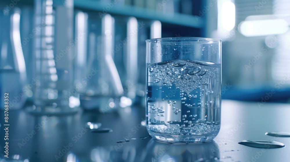Poster a glass filled with water on a table, suitable for various concepts