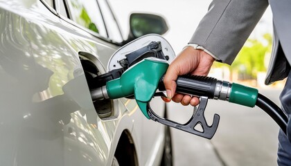 Refueling the car at a gas station fuel pump. Man driver hand refilling and pumping gasoline oil the car with fuel at he refuel station.