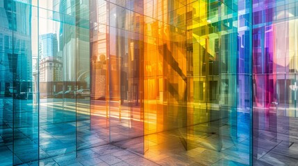 Vibrant multicolored reflections on modern glass architecture creating an abstract urban landscape