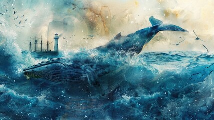 A majestic whale swimming in the ocean with a picturesque lighthouse in the background. Ideal for nature and marine-themed designs