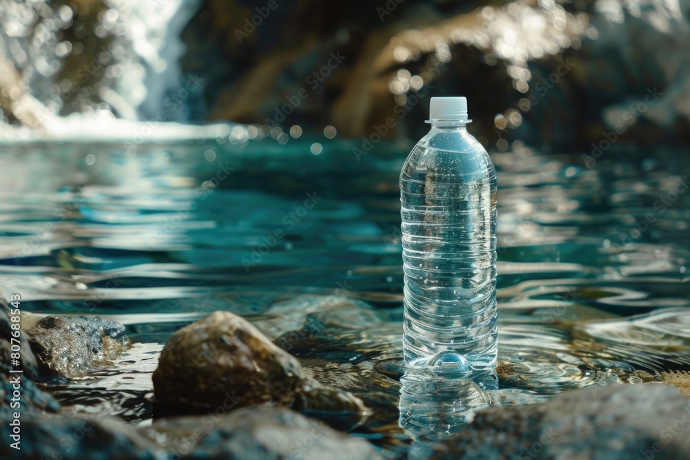 Poster a bottle of water placed in the center of a flowing river. can be used for environmental concepts